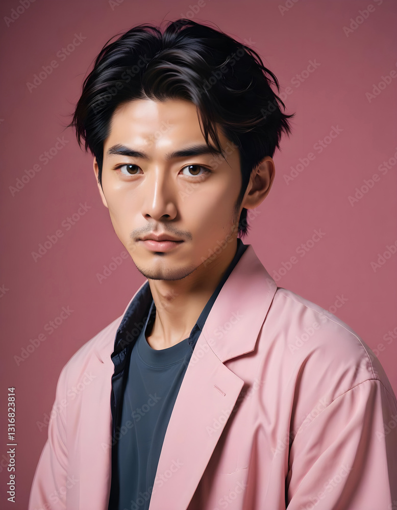 Sophisticated Japanese male model standing tall with a calm expression, plain background Sophisticated Japanese male model standing tall with a calm expression, plain background