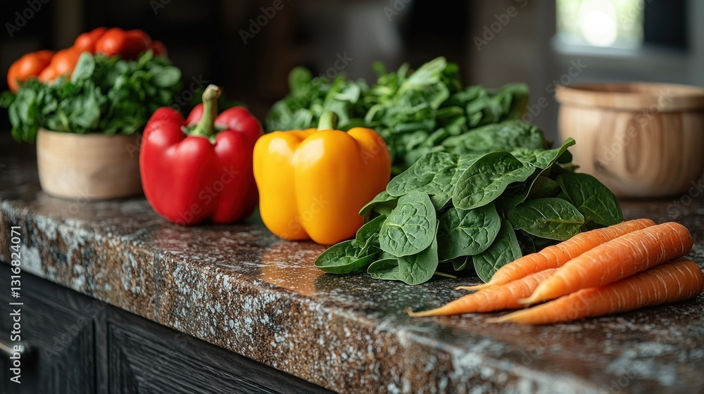 Fresh vegetables arranged on kitchen countertop Fresh vegetables arranged on kitchen countertop