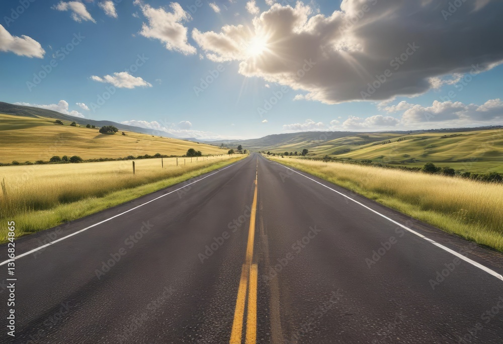 A long stretch of asphalt road disappears into the distance on a sunny summer afternoon amidst a sea of rolling hills and fields , countryside, landscape, road A long stretch of asphalt road disappears into the distance on a sunny summer afternoon amidst a sea of rolling hills and fields , countryside, landscape, road