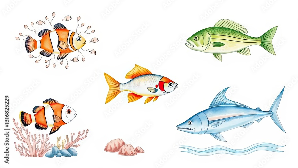 Fototapeta premium Colorful Fish Illustration Marine Life Ocean Animals Underwater Scene Cartoon Fish Aquarium