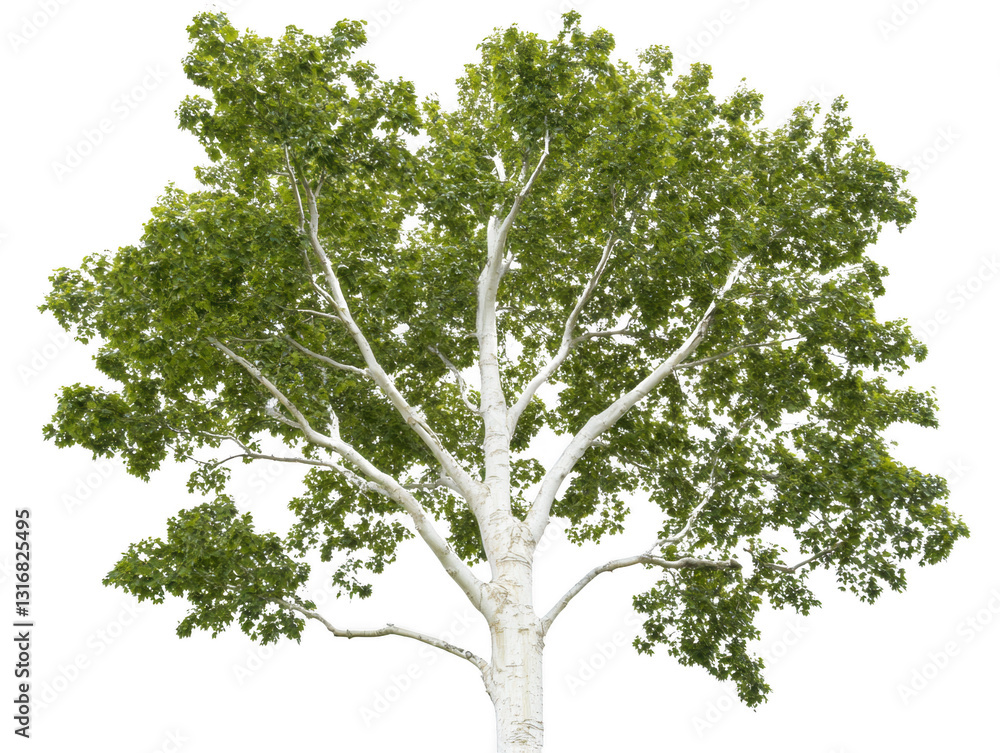 Obraz premium A large white tree with green leaves. The tree is the only thing in the image. The tree is tall and has a lot of leaves