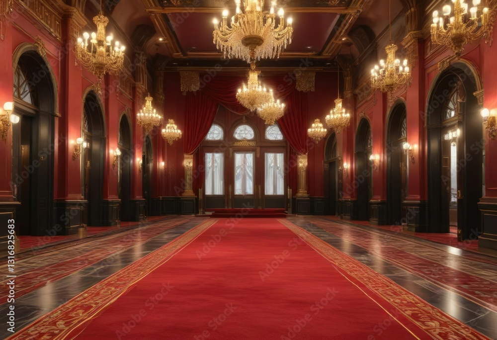 Obraz premium A luxurious red carpet stretching from the entrance of a grand casino, leading to a lavish hall with high ceilings and ornate chandeliers , ornate, high ceiling