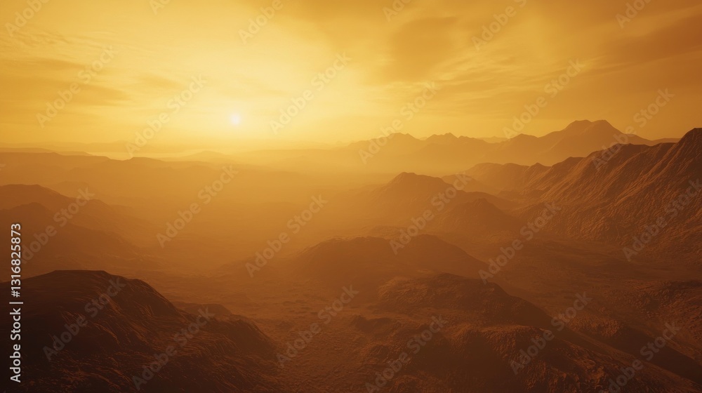 Golden Hour Martian Landscape: A Breathtaking Sunset over the Rugged Martian Terrain Golden Hour Martian Landscape: A Breathtaking Sunset over the Rugged Martian Terrain