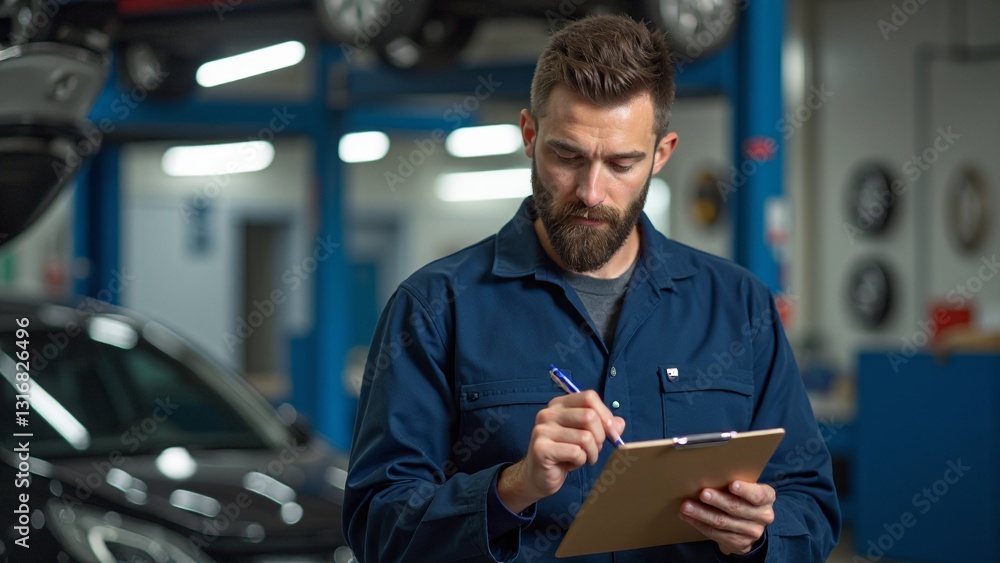 Mechanic in Blue Uniform Taking Notes in Automotive Workshop Mechanic in Blue Uniform Taking Notes in Automotive Workshop