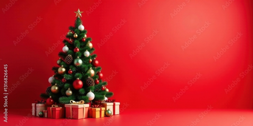 A Festive Christmas Tree with Wrapped Gifts Against a Vibrant Red Background, Perfect for Holiday Greetings A Festive Christmas Tree with Wrapped Gifts Against a Vibrant Red Background, Perfect for Holiday Greetings