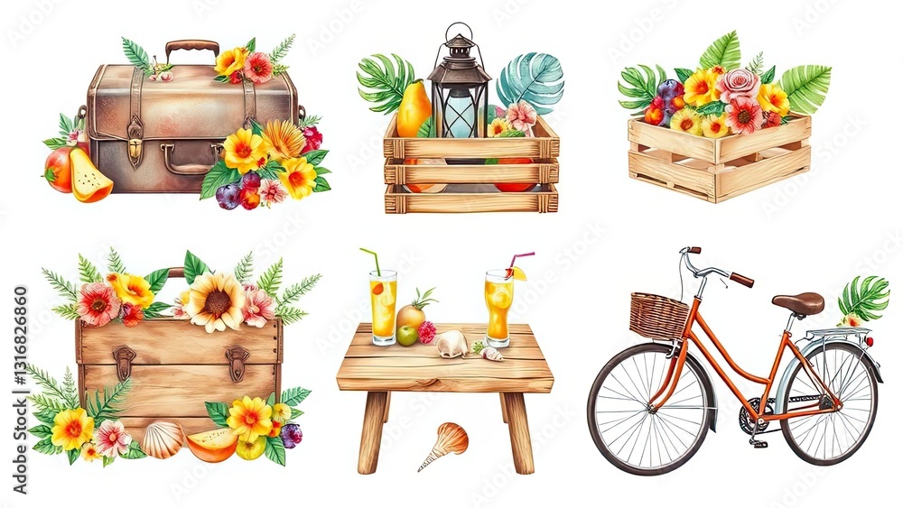 Fototapeta premium Summer Tropical Fruits Flowers Wooden Crate Bicycle Vintage Suitcase Watercolor Illustration