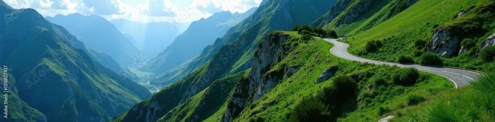 Fototapeta premium Serpentine road hugs mountainside, lush greenery below , image, slopes