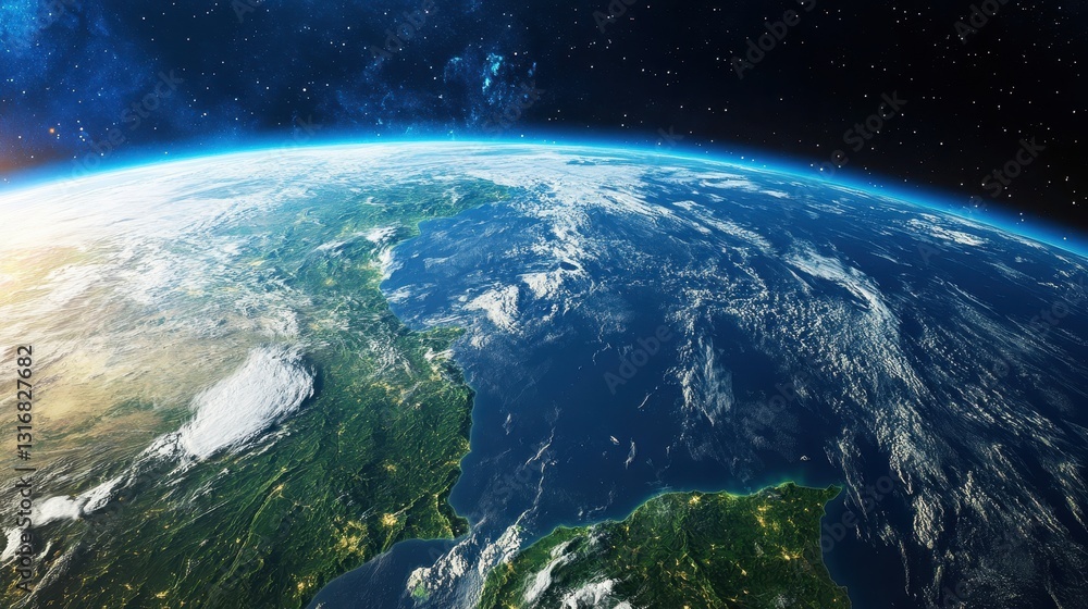 Fototapeta premium Stunning View of Earth from Space with Blue Oceans and Green Land