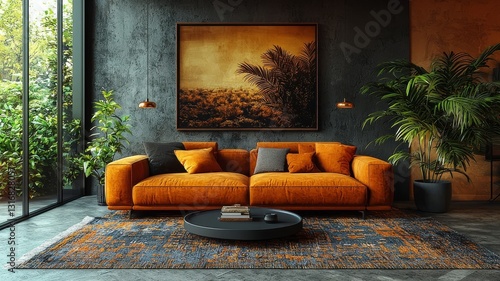 Wallpaper Mural Stylish modern living room featuring a vibrant orange sofa, lush greenery, and artistic decor, creating a warm and inviting atmosphere for contemporary interiors. Torontodigital.ca