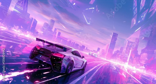 Futuristic Racing Scene with Neon Colors and Urban Skyline in Motion, a High-Performance Car on a Digital Highway, Vivid Colors and Dynamic Atmosphere