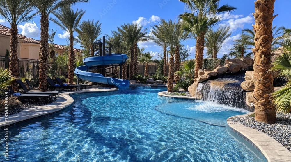 A vibrant backyard scene showcases a luxurious pool surrounded by tall palm trees and a cascading waterfall. A fun blue water slide invites joyful splashes under a bright blue sky A vibrant backyard scene showcases a luxurious pool surrounded by tall palm trees and a cascading waterfall. A fun blue water slide invites joyful splashes under a bright blue sky
