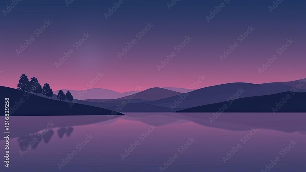 Obraz premium Serene Sunset Landscape Purple Mountains Calm Lake Silhouetted Trees
