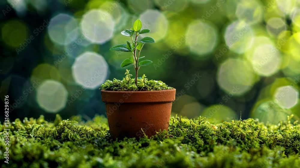 Small plant in clay pot on moss with bokeh background, growth and nature concept Small plant in clay pot on moss with bokeh background, growth and nature concept