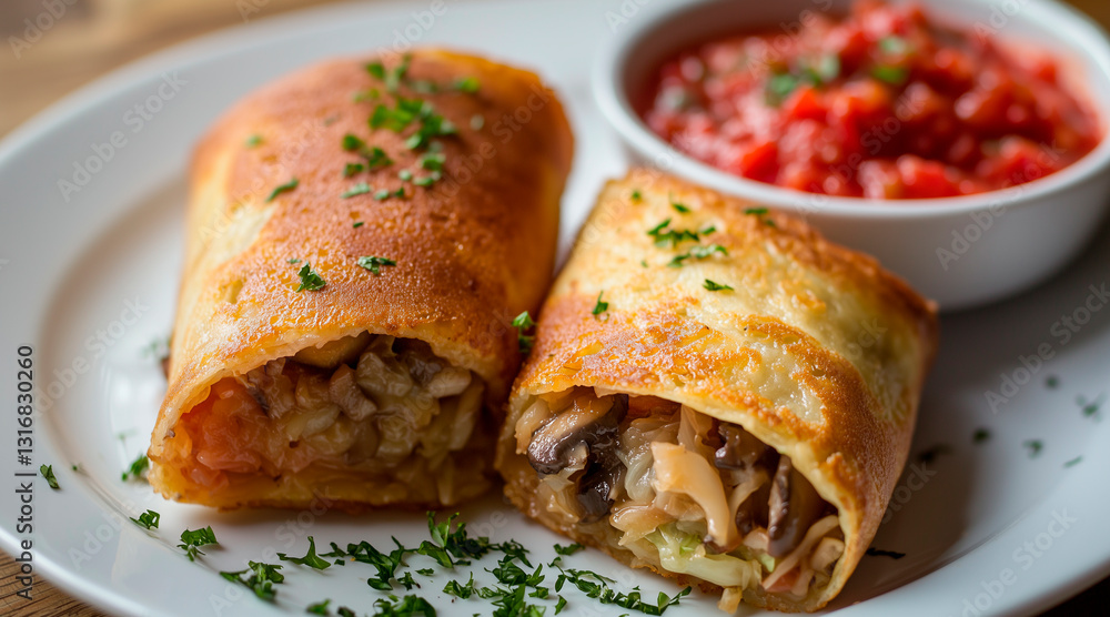 Two golden-brown breaded crepes (Krokiety) filled with mushroom and cabbage, neatly placed on a white plate with a side of red borsch Two golden-brown breaded crepes (Krokiety) filled with mushroom and cabbage, neatly placed on a white plate with a side of red borsch