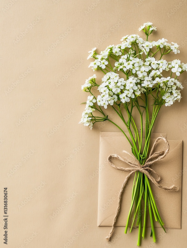 Elegant floral gift arrangement with white flowers and kraft envelope tied with rustic twine on beige background for special occasions