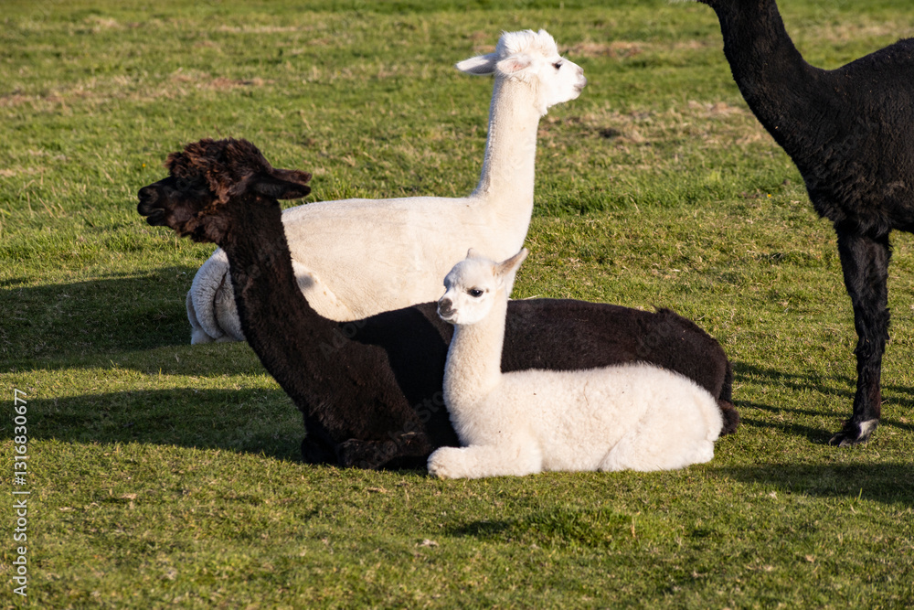 Naklejka premium Luxury meets nature: high-quality alpaca wool from ethically raised red, white, and black alpacas in a pristine, green environment. A fusion of sustainable fashion, well-being, and premium craftsmansh