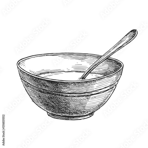 Vector hand-drawn illustration of bowl with white mash and spoon. Sketch of cooking process.