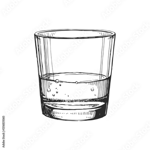 Vector hand-drawn illustration of glass of water. Black and white sketch with transparent drink in tumbler.