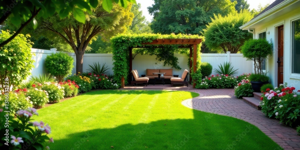 Fototapeta premium Serene Backyard Oasis with Lush Greenery and Wooden Pergola Featuring Comfortable Seating Area
