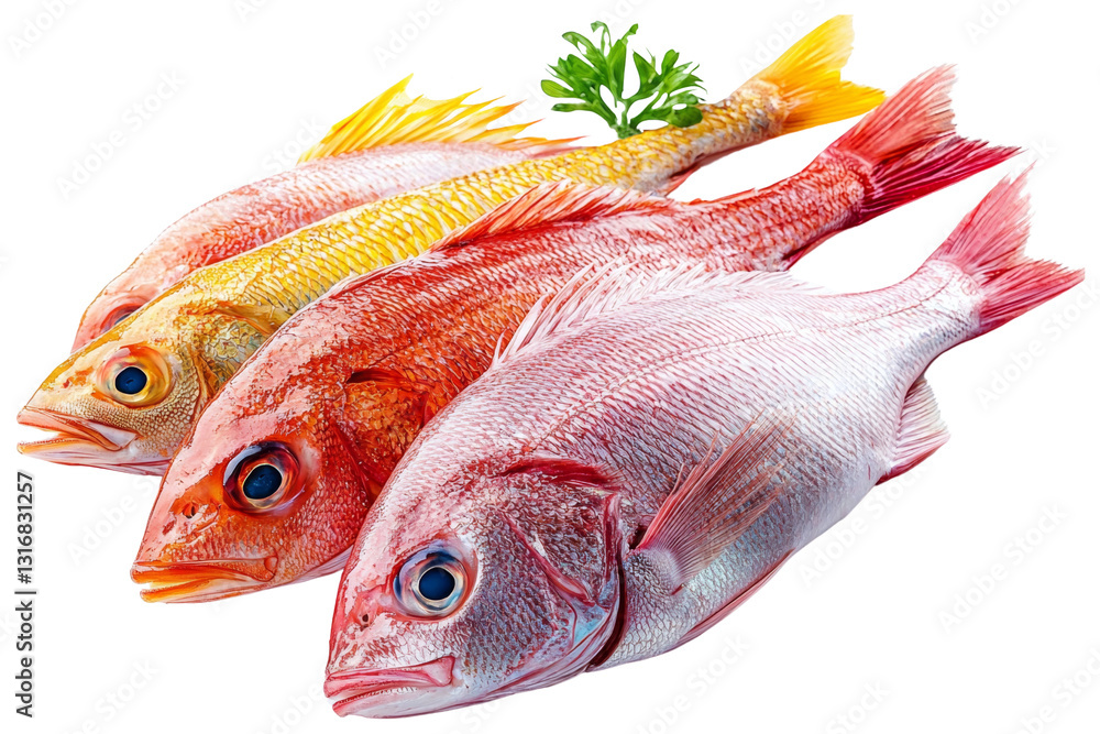 Fresh Fish with Green Leaf Garnish, Seafood Market Fresh Fish with Green Leaf Garnish, Seafood Market