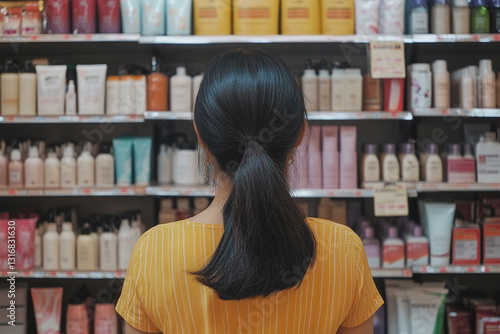 A woman stands in front of a shelf filled with hair care options, thoughtfully choosing products in a cosmetics aisle during the day