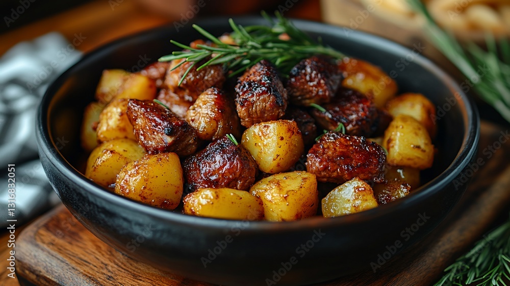 Roasted beef cubes and potatoes in a bowl. Roasted beef cubes and potatoes in a bowl.