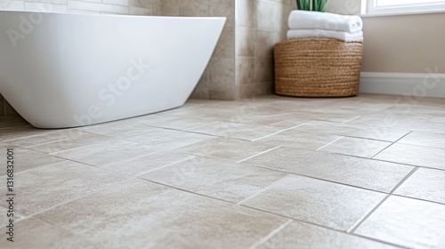 A bathroom floor with water-resistant porcelain tiles and a subtle texture. © Pannee
