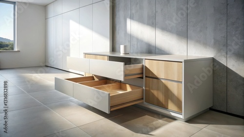 Modern minimalist sideboard with open drawers showcasing natural wood interior against a textured concrete wall