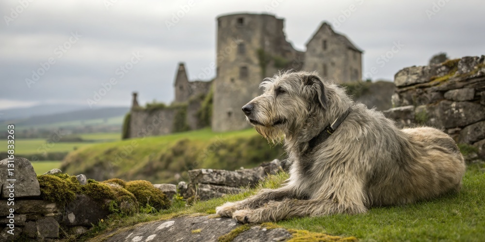 Fototapeta premium Dog relaxing near ruins of an ancient castle in a scenic landscape nature photography tranquil environment outdoor viewpoint