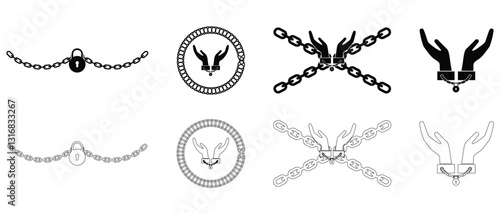Chain icon set. Chain icon vector isolated. Silhouette of chain vector. Handcuffs, manacles or shackles icon. Chained, handcuffed, chain with lock. Vector illustration.