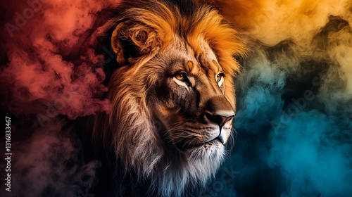 Majestic lion portrait in colorful smoke. (1)