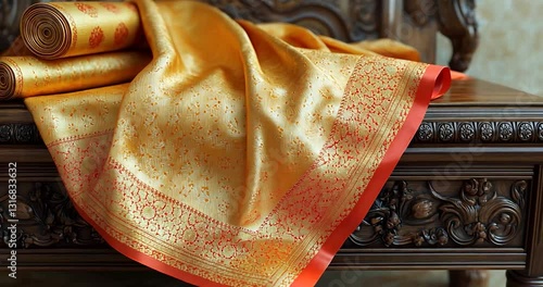 Gold Silk Saree on Wooden Furniture