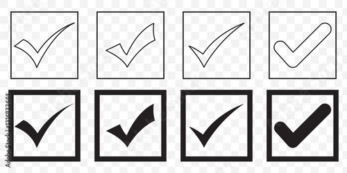 Check mark icon vector set. Check box icon with right or yes checkmark icons. Tick box, checkbox symbol sign vector illustration. EPS 10.