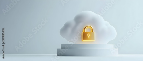 A glowing gold padlock icon rests on a white platform beneath a fluffy white cloud, symbolizing secure cloud storage.  Clean, modern, and minimalist.