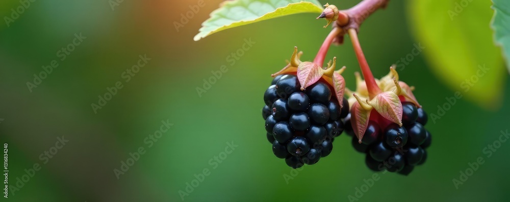 Delicate blackberry flower, well focused, hanging from branch, intricate details, focus, blackberry flower, closeup