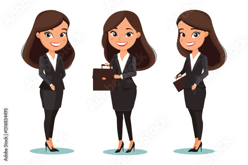 set of Business woman holding a briefcase, smiling, Flat style cartoon vector illustration