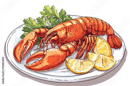 A vibrant lobster dish is beautifully plated with fresh lemon slices and aromatic herbs, perfect for seafood lovers to enjoy a gourmet meal