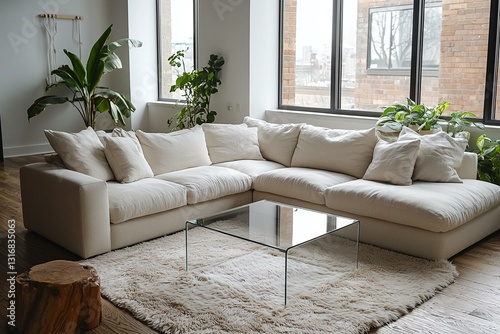 A modern minimalist interior design in the living room with white sofas and pots in view. Generative AI
