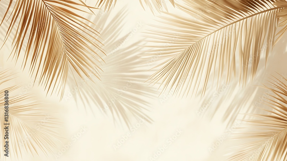 Obraz premium Golden palm leaves, shadows, sunlight, beige background, tropical, summer.
