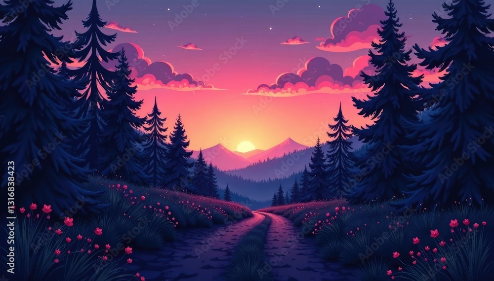 Naklejka premium Forest at dusk with gradient sky and empty path, dusk, foliage