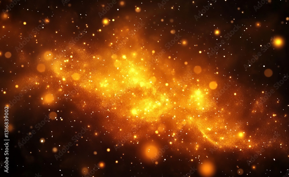 Fototapeta premium Abstract golden fire-like particles on a background, with glowing lights and a bokeh effect on a dark brown background. 