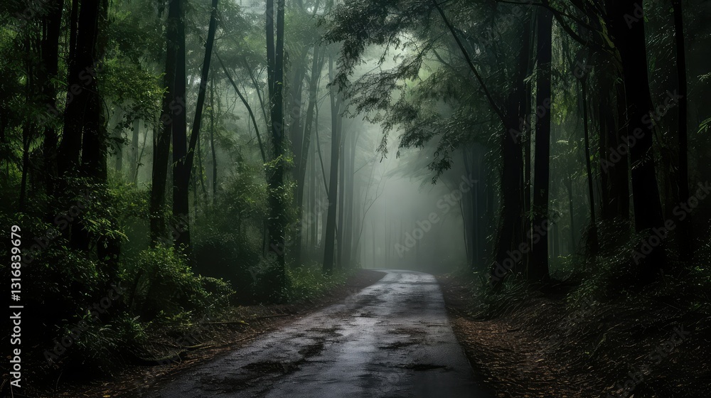 Naklejka premium trees dark forest road