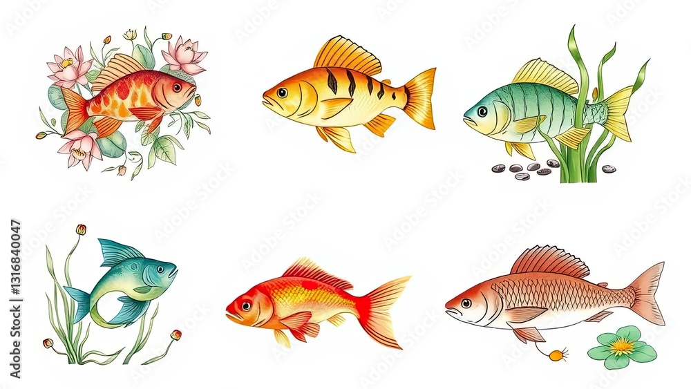 Naklejka premium Colorful Fish Illustrations Aquatic Life Nature Decoration
