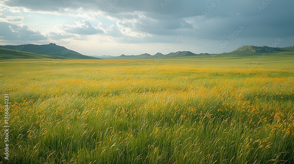 Obraz premium A breezy meadow with tall grass swaying, golden and green hues blending under a cloudy sky.