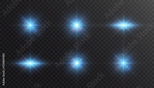 Blue light flashes on transparent background. Vector glow effect of blinking glare. Abstract lens flare ignition.