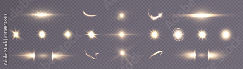 Set of light effects bright glowing light isolated on transparent background. Bright flashes of glare, light refraction, stars and spotlight with rays and glare. Vector
