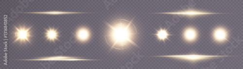 Set of light effects bright glowing light isolated on transparent background. Bright flashes of glare, light refraction, stars and spotlight with rays and glare. Vector