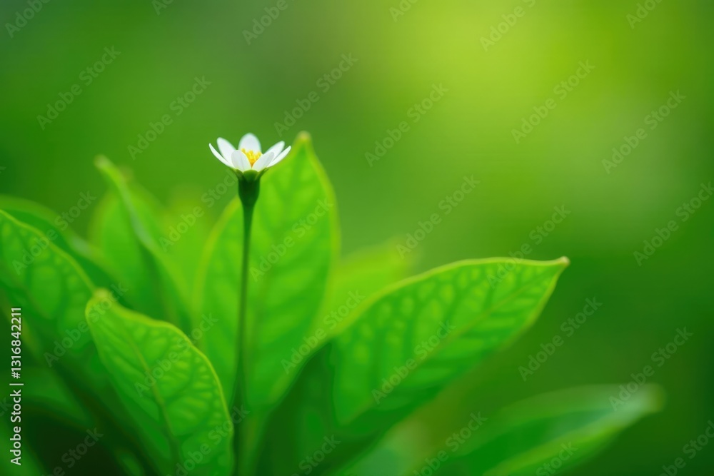 Green leaves and stem with a small white wildflower on the top, garden, wildflower, plant Green leaves and stem with a small white wildflower on the top, garden, wildflower, plant