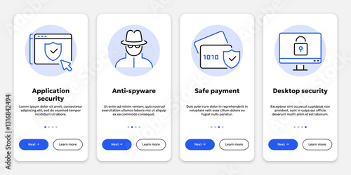 Vector onboarding screens or cards of cybersecurity containing application and desktop security, anti-spyware, safe payment. UI template for website slider or mobile app