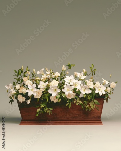 Elegant Floral Arrangement in a Wooden Box with Lilies and Roses against Neutral Backdrop